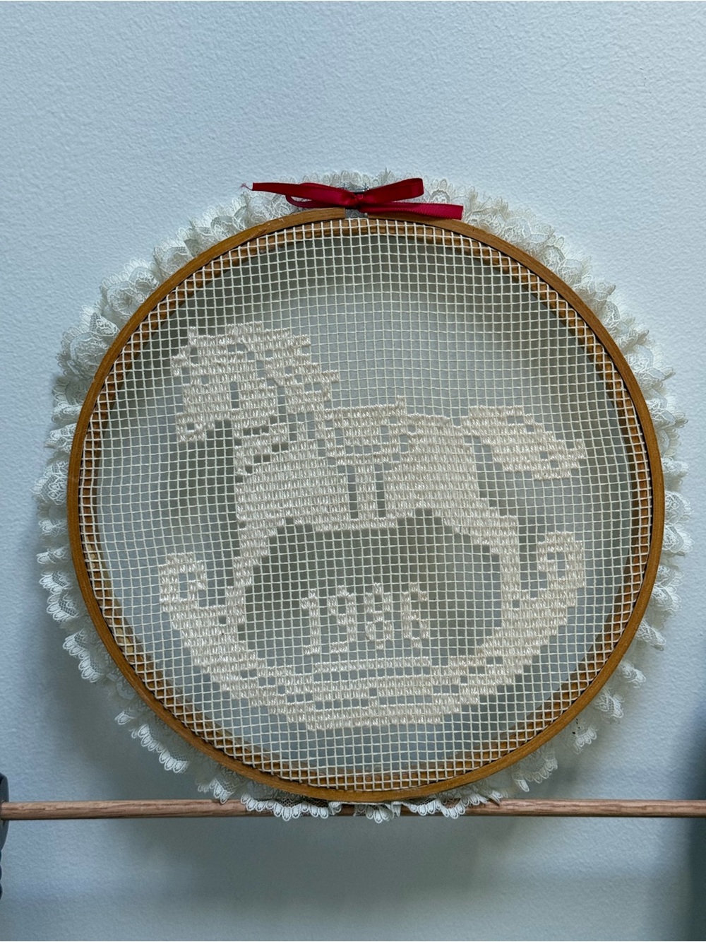 Handmade Embroidered Rocking Horse Lace Hoop Wall Décor - Picture 8 of 8